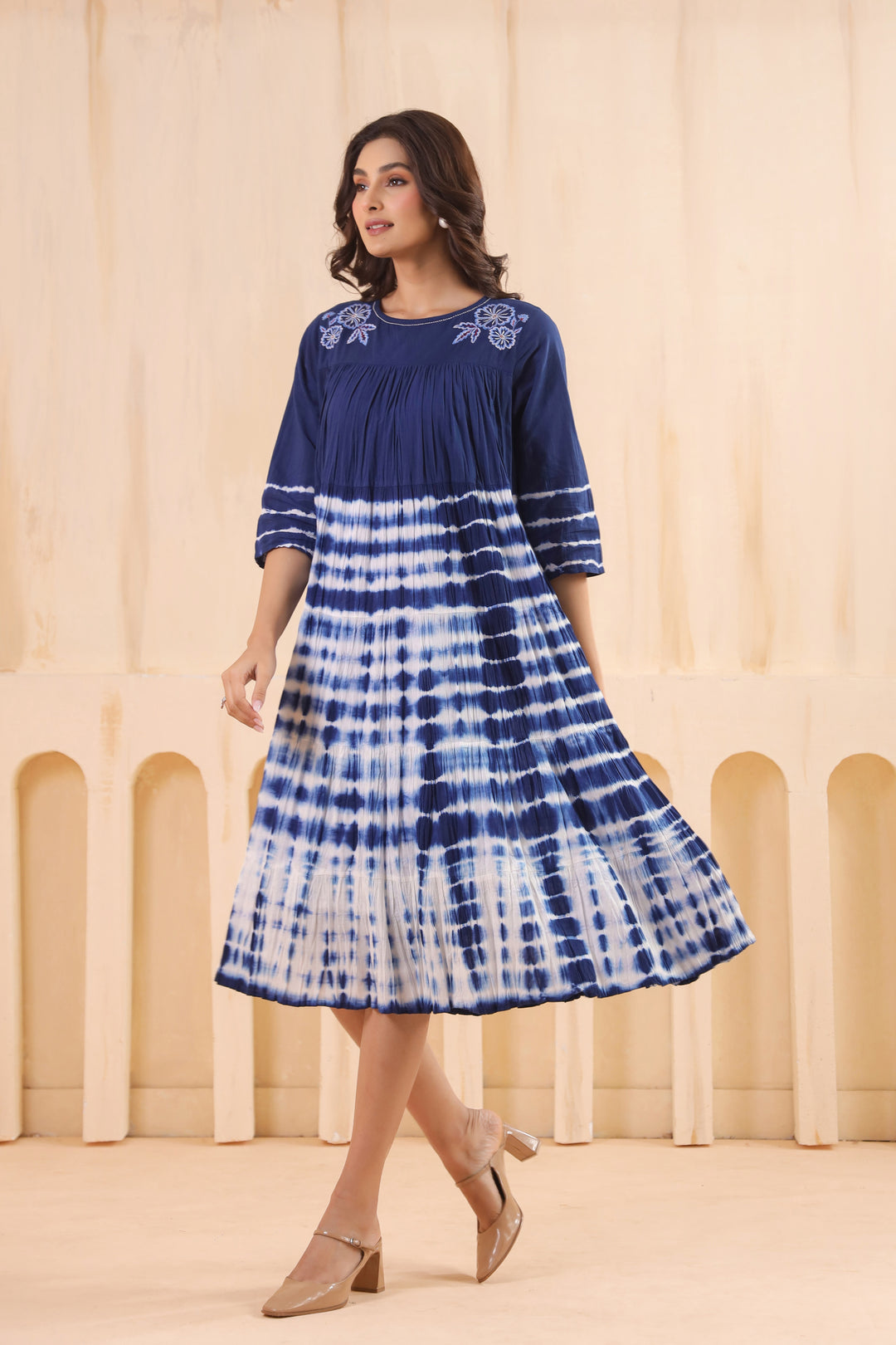 Blue Cotton Embroidered Designer Dress