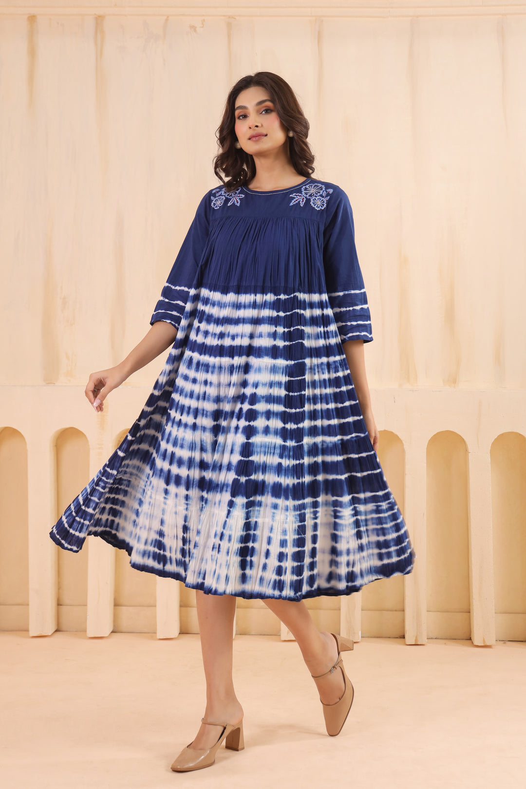 Blue Cotton Embroidered Designer Dress