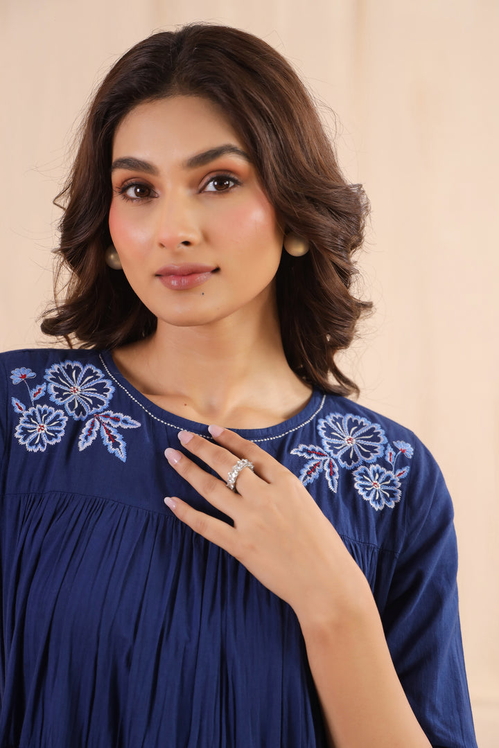 Blue Cotton Embroidered Designer Dress