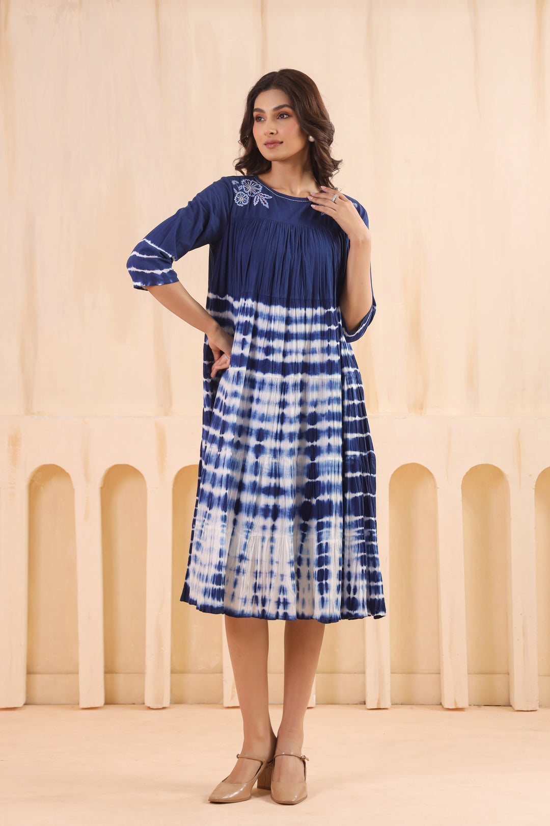 Blue Cotton Embroidered Designer Dress