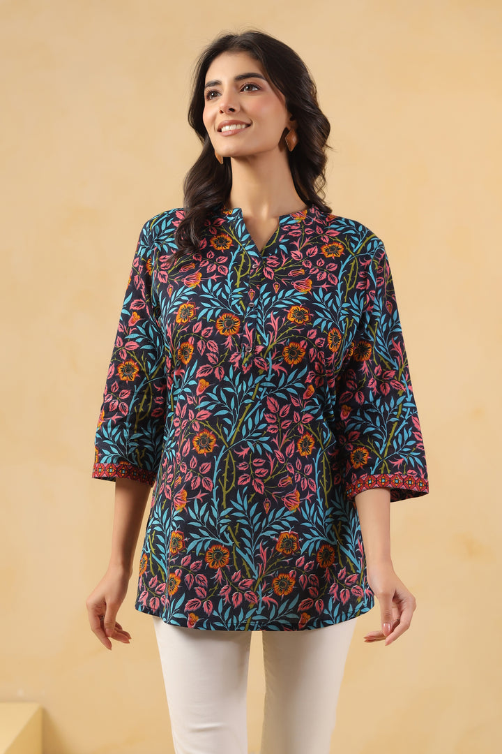 Peach and Blue Cotton Floral Printed Straight Top