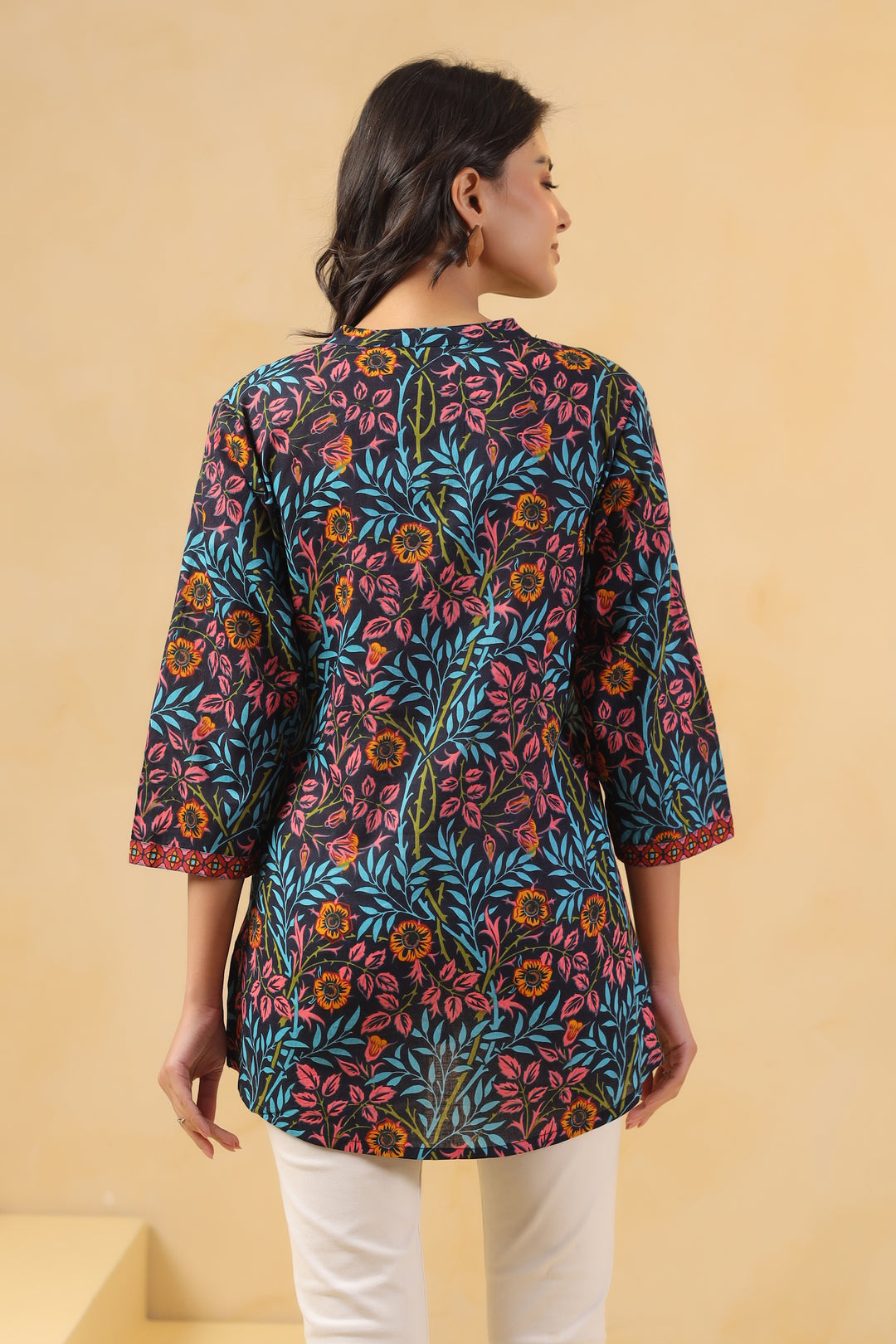 Peach and Blue Cotton Floral Printed Straight Top