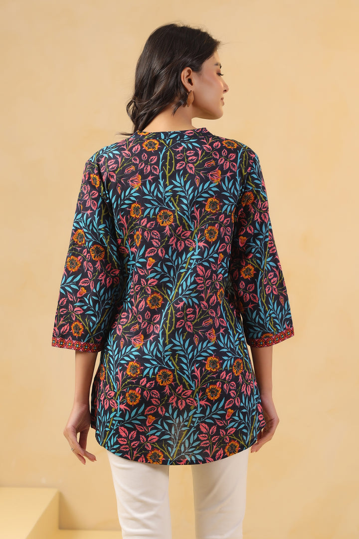 Peach and Blue Cotton Floral Printed Straight Top