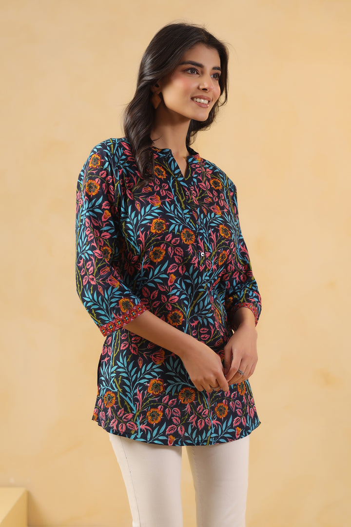 Peach and Blue Cotton Floral Printed Straight Top