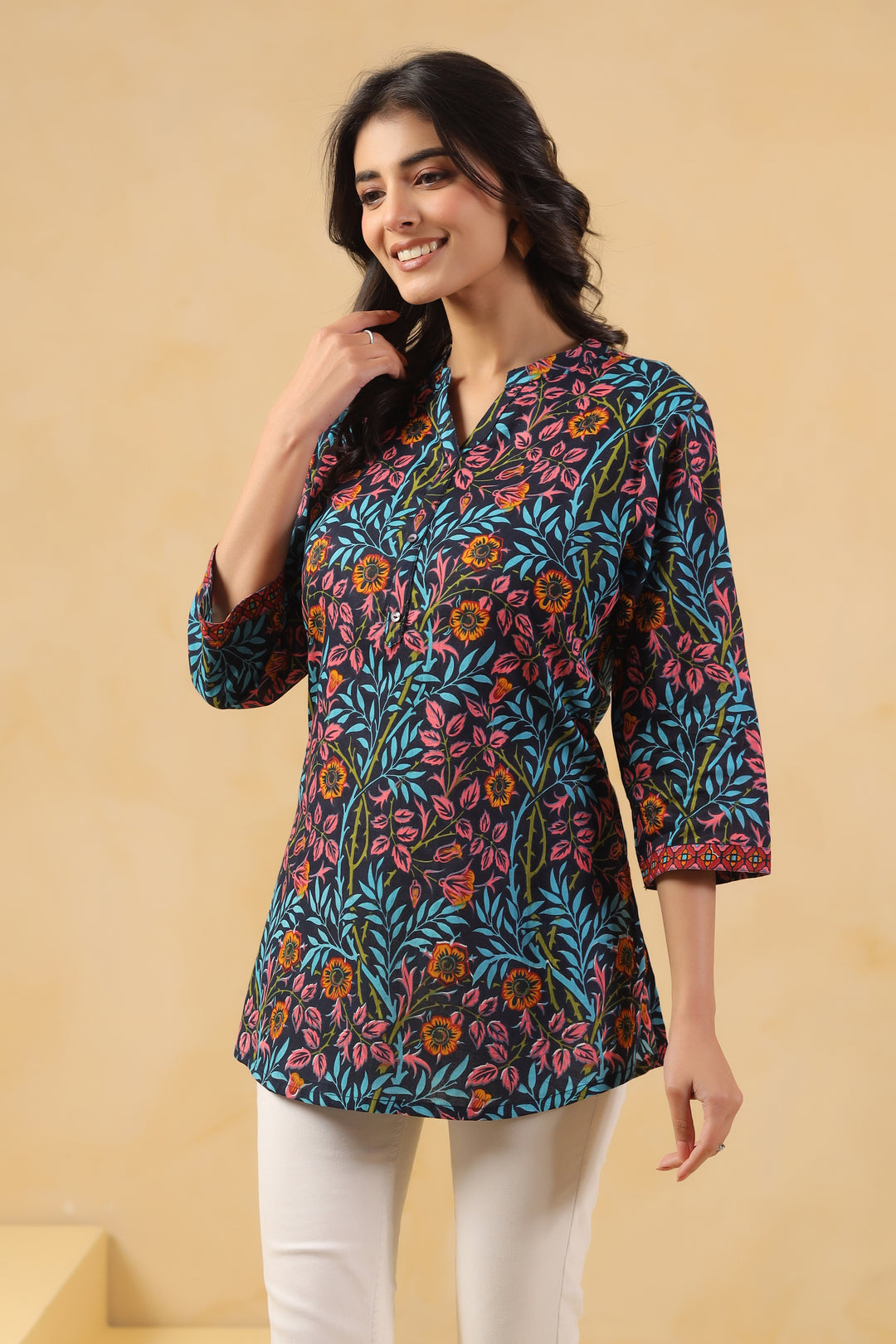 Peach and Blue Cotton Floral Printed Straight Top