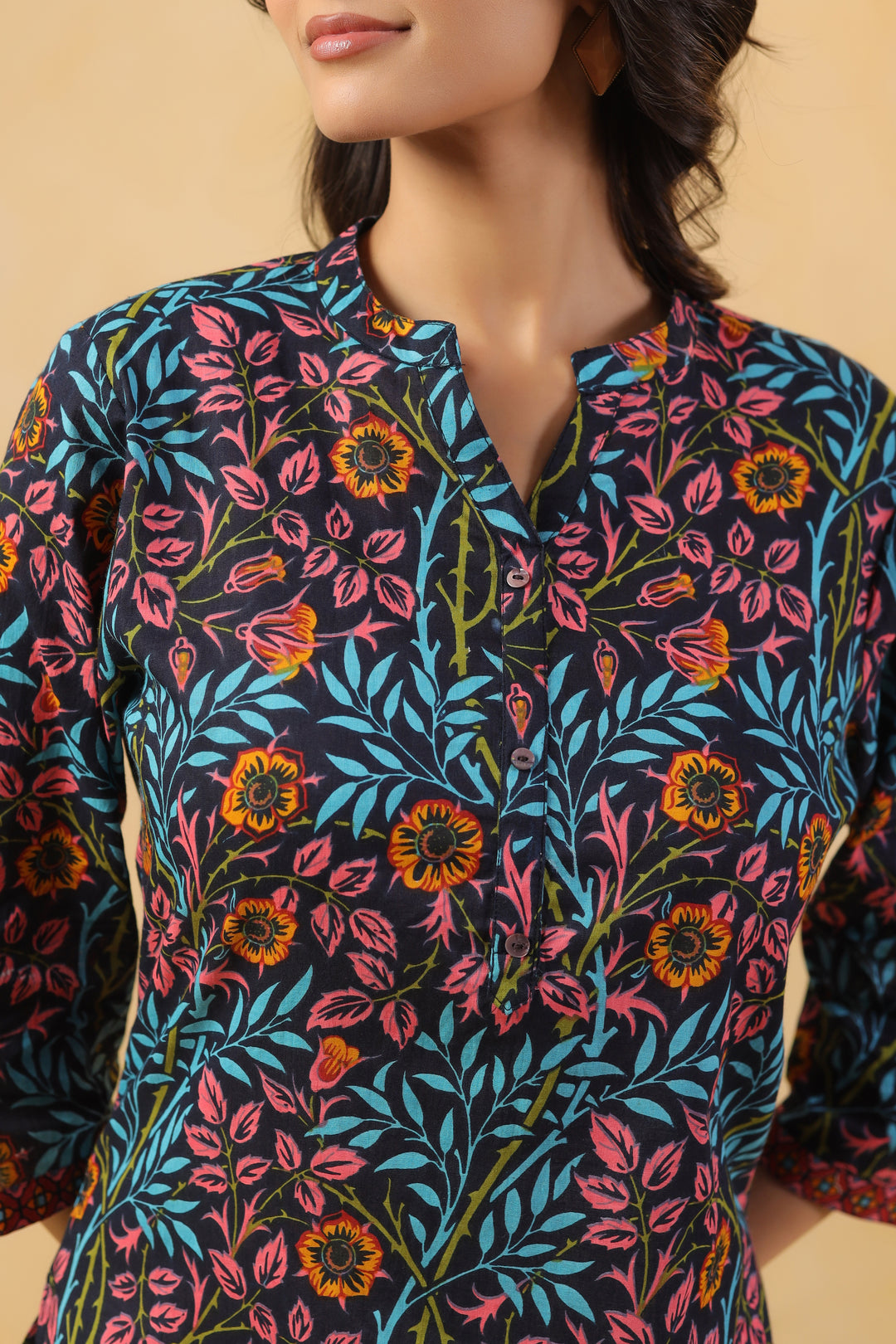 Peach and Blue Cotton Floral Printed Straight Top