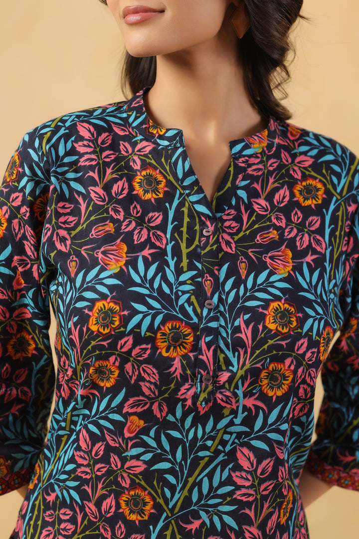 Peach and Blue Cotton Floral Printed Straight Top