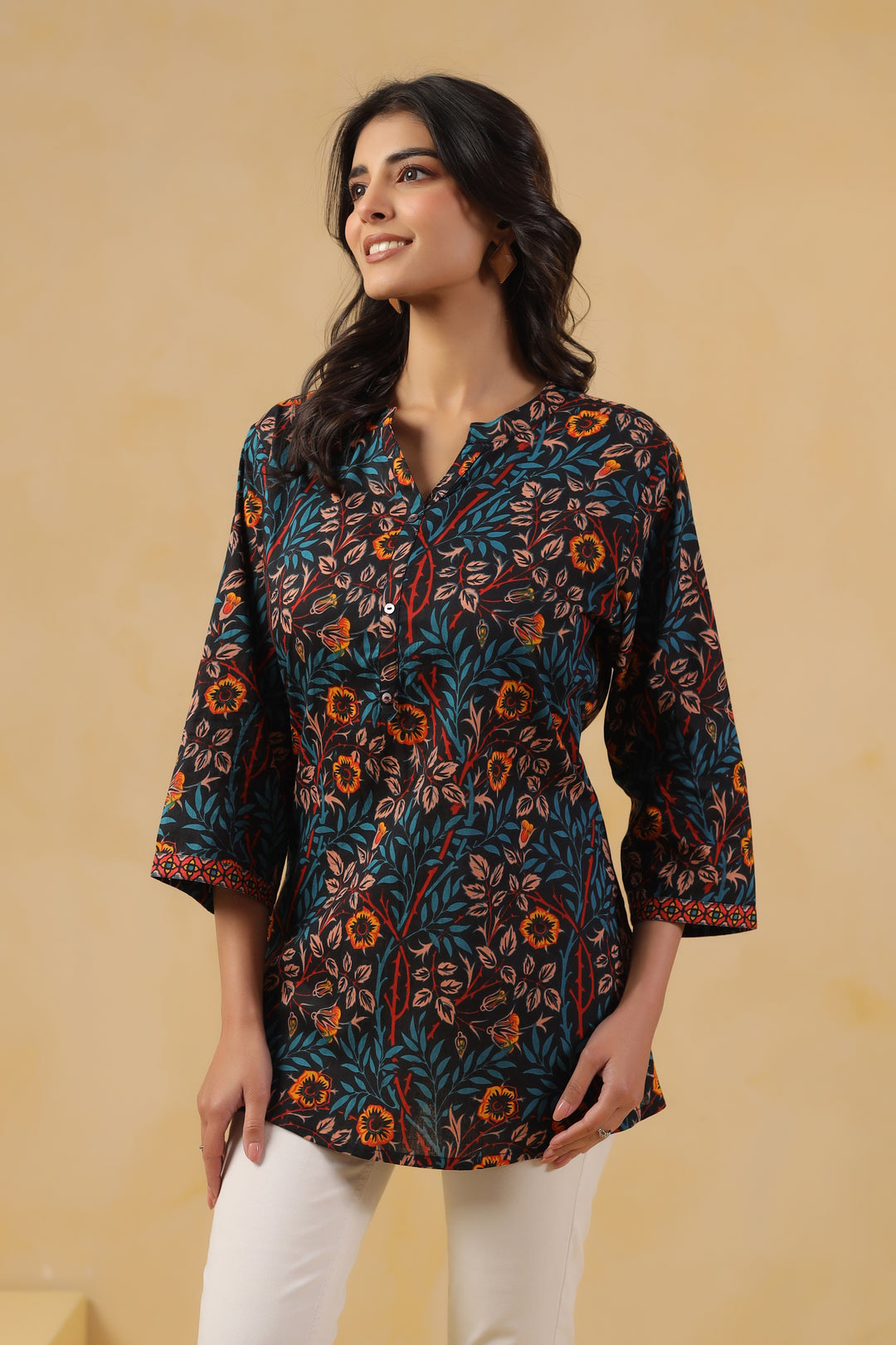 Black and blue Cotton Floral Printed Straight Top