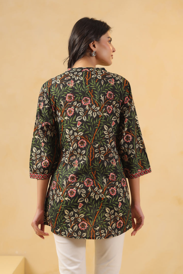 Green Cotton Floral Print Straight Top