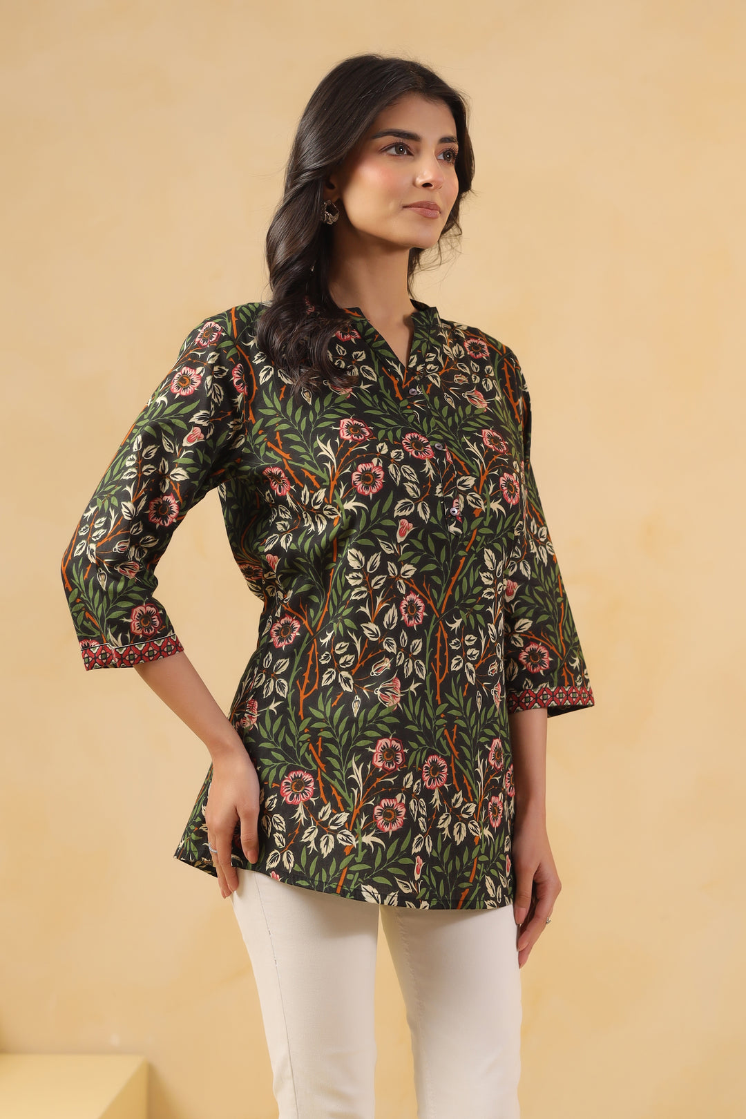 Green Cotton Floral Print Straight Top