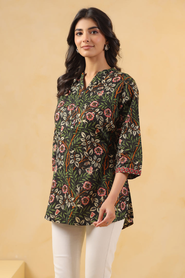 Green Cotton Floral Print Straight Top