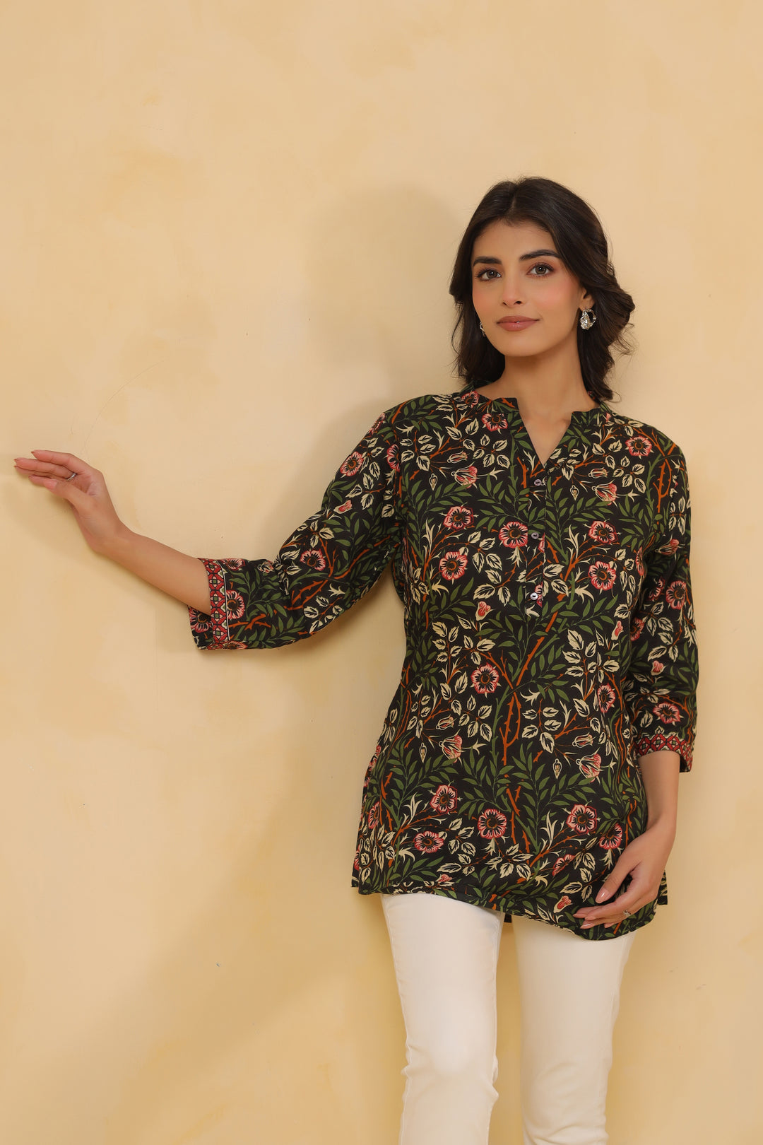 Green Cotton Floral Print Straight Top