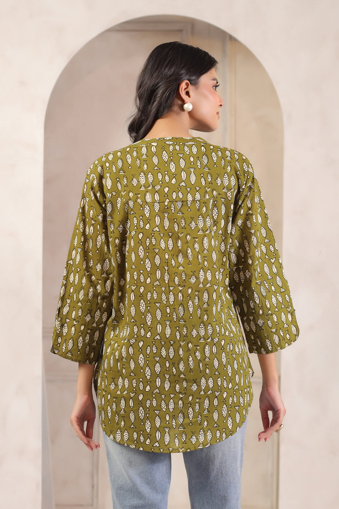 Green Cotton Printed Straight Top