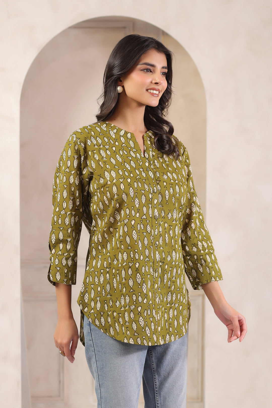 Green Cotton Printed Straight Top