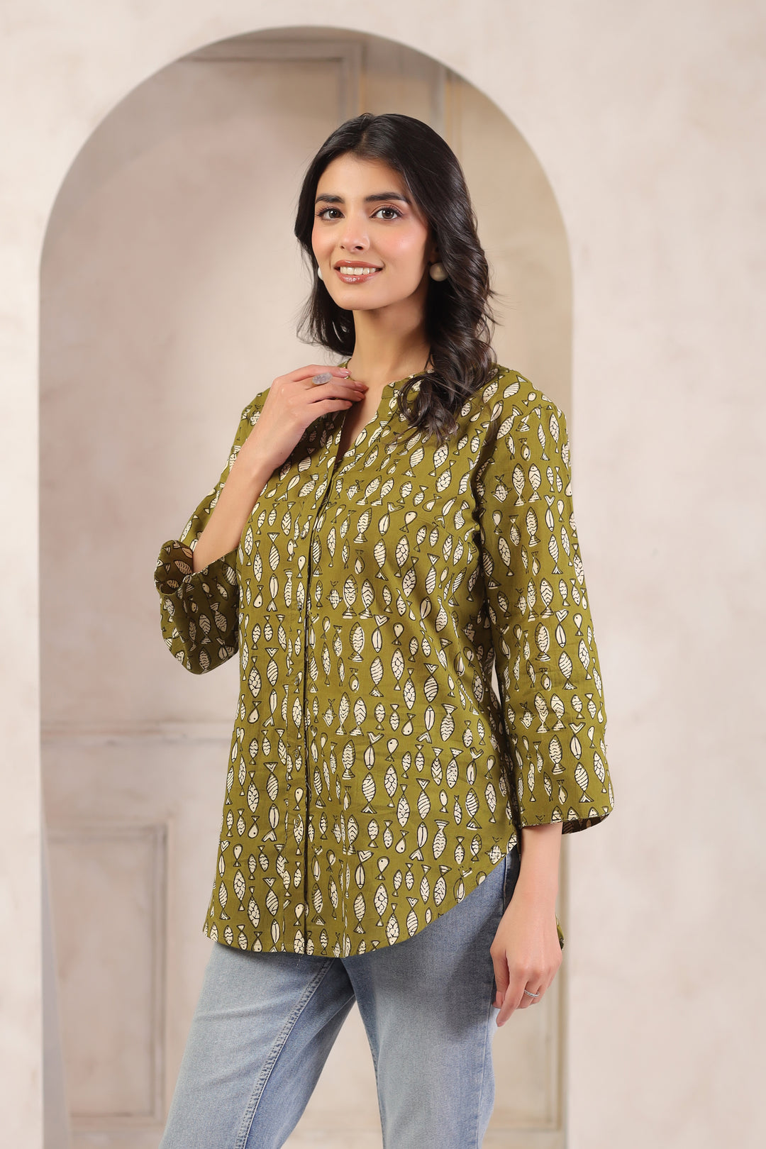 Green Cotton Printed Straight Top