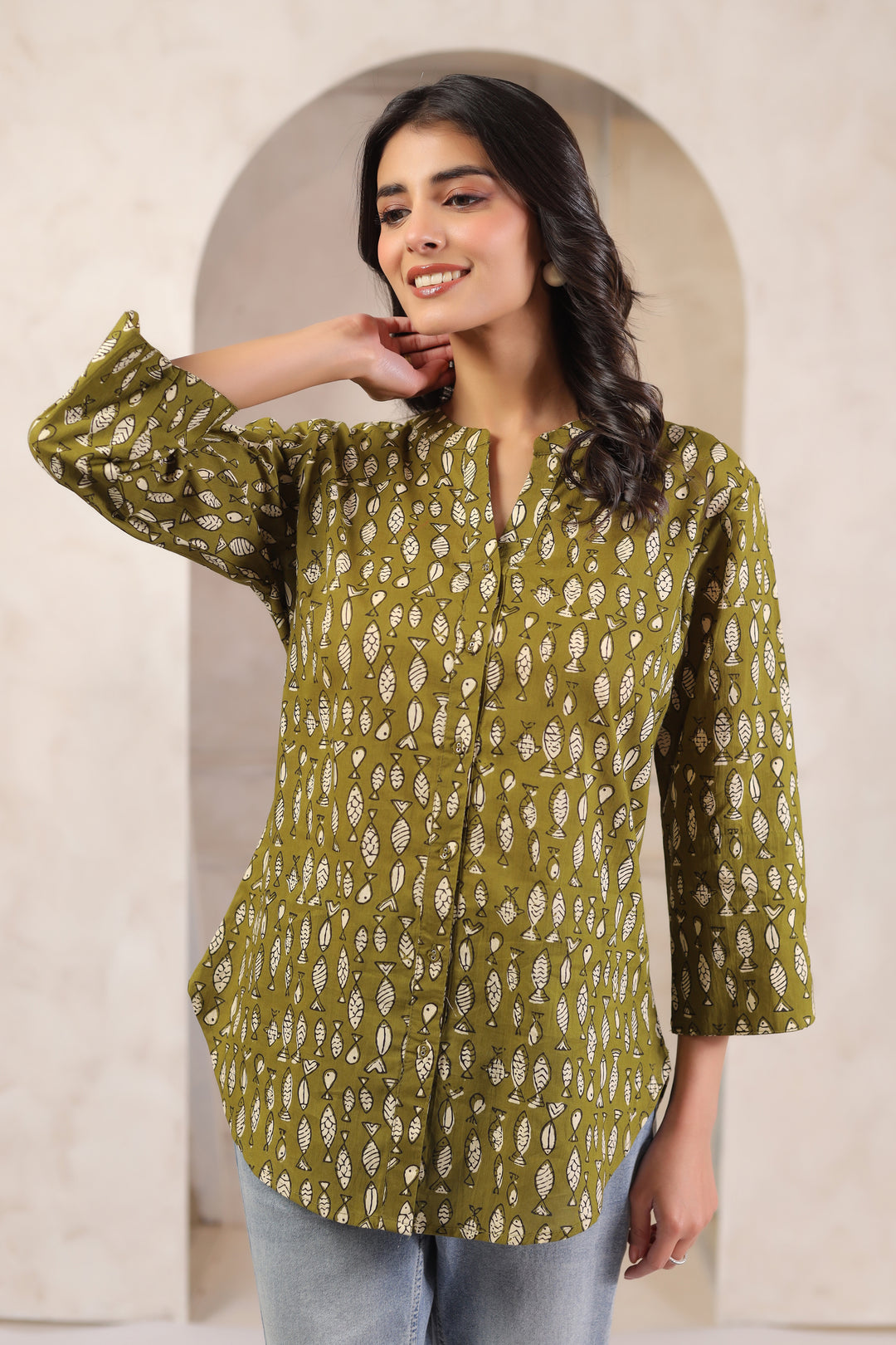 Green Cotton Printed Straight Top