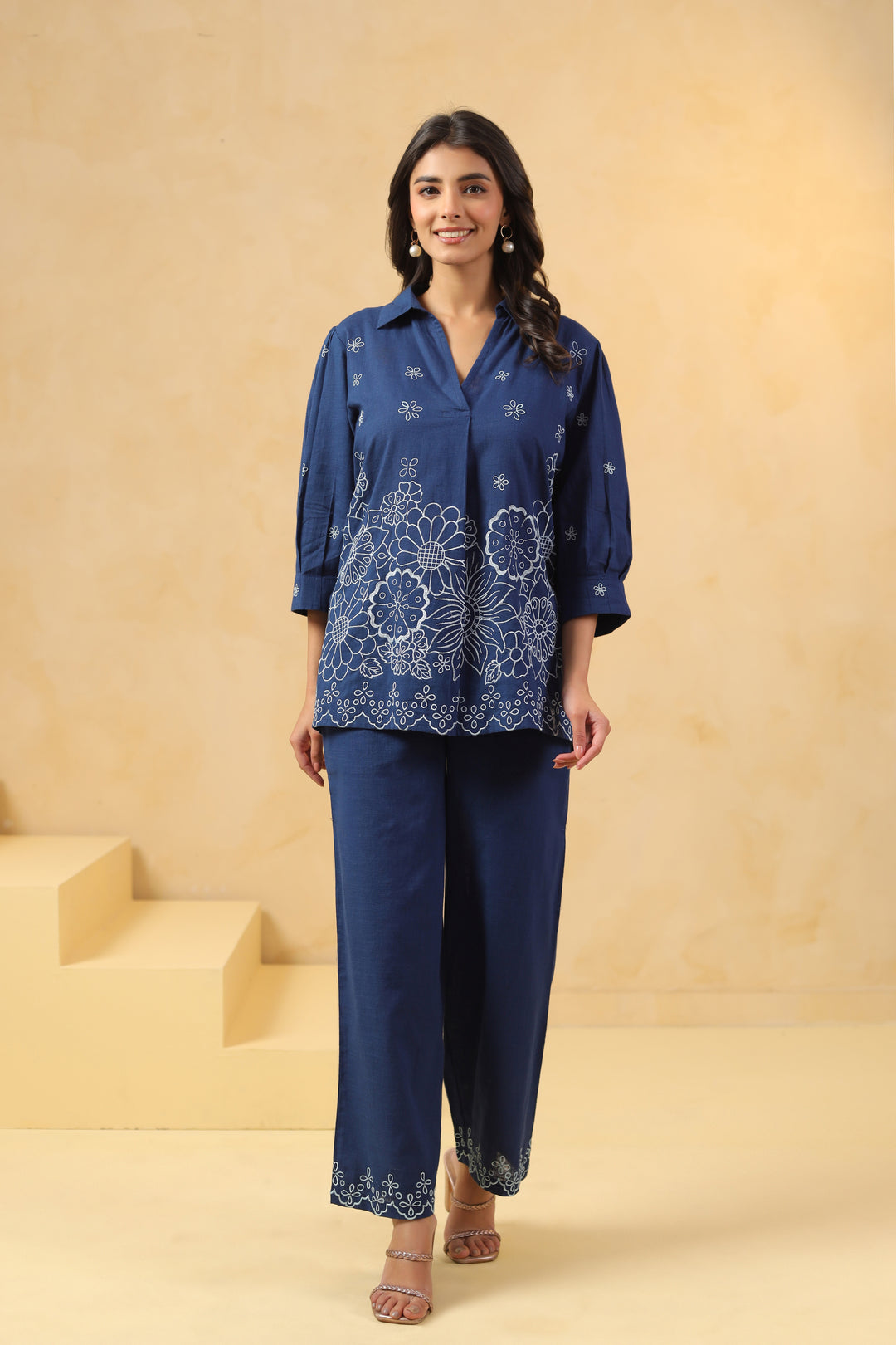 Blue Cotton Embroidery Designer Co Ords Set