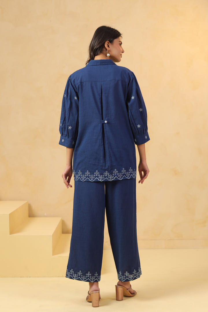 Blue Cotton Embroidery Designer Co Ords Set