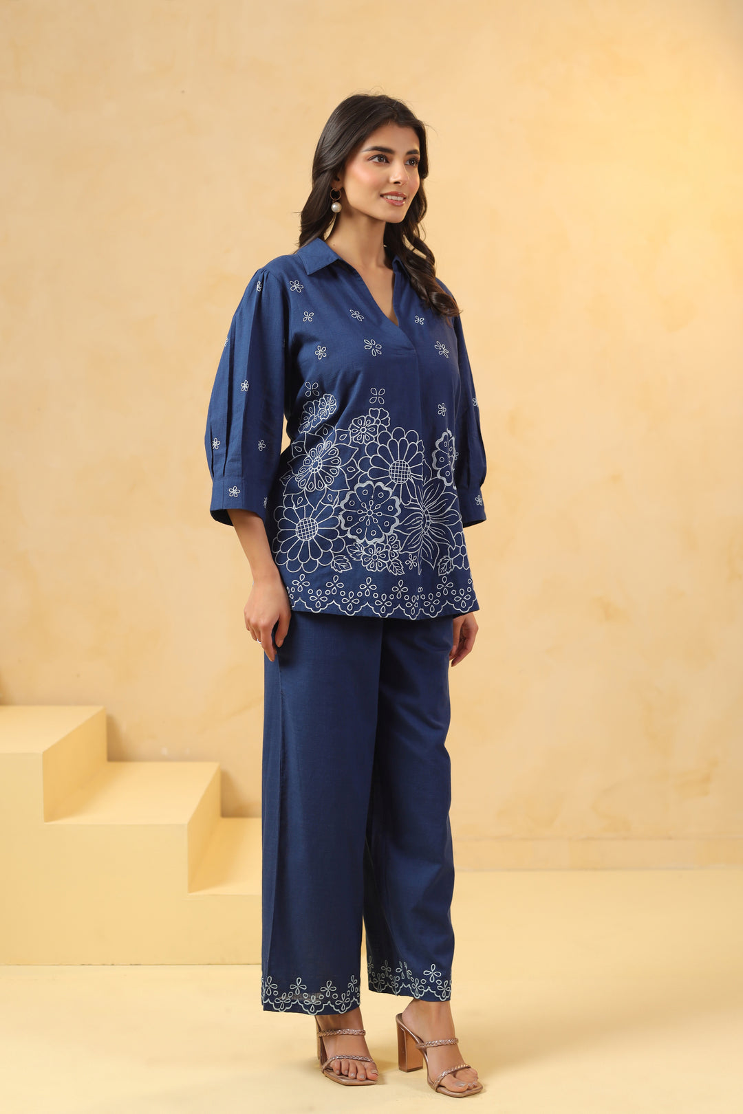 Blue Cotton Embroidery Designer Co Ords Set