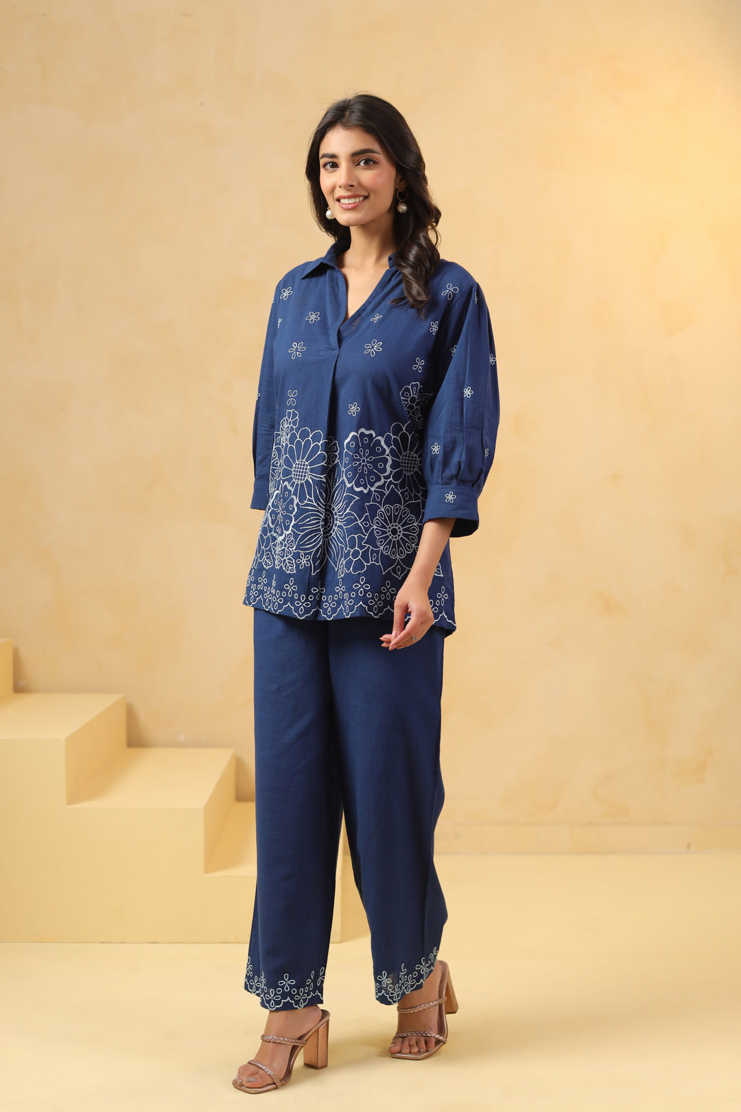 Blue Cotton Embroidery Designer Co Ords Set