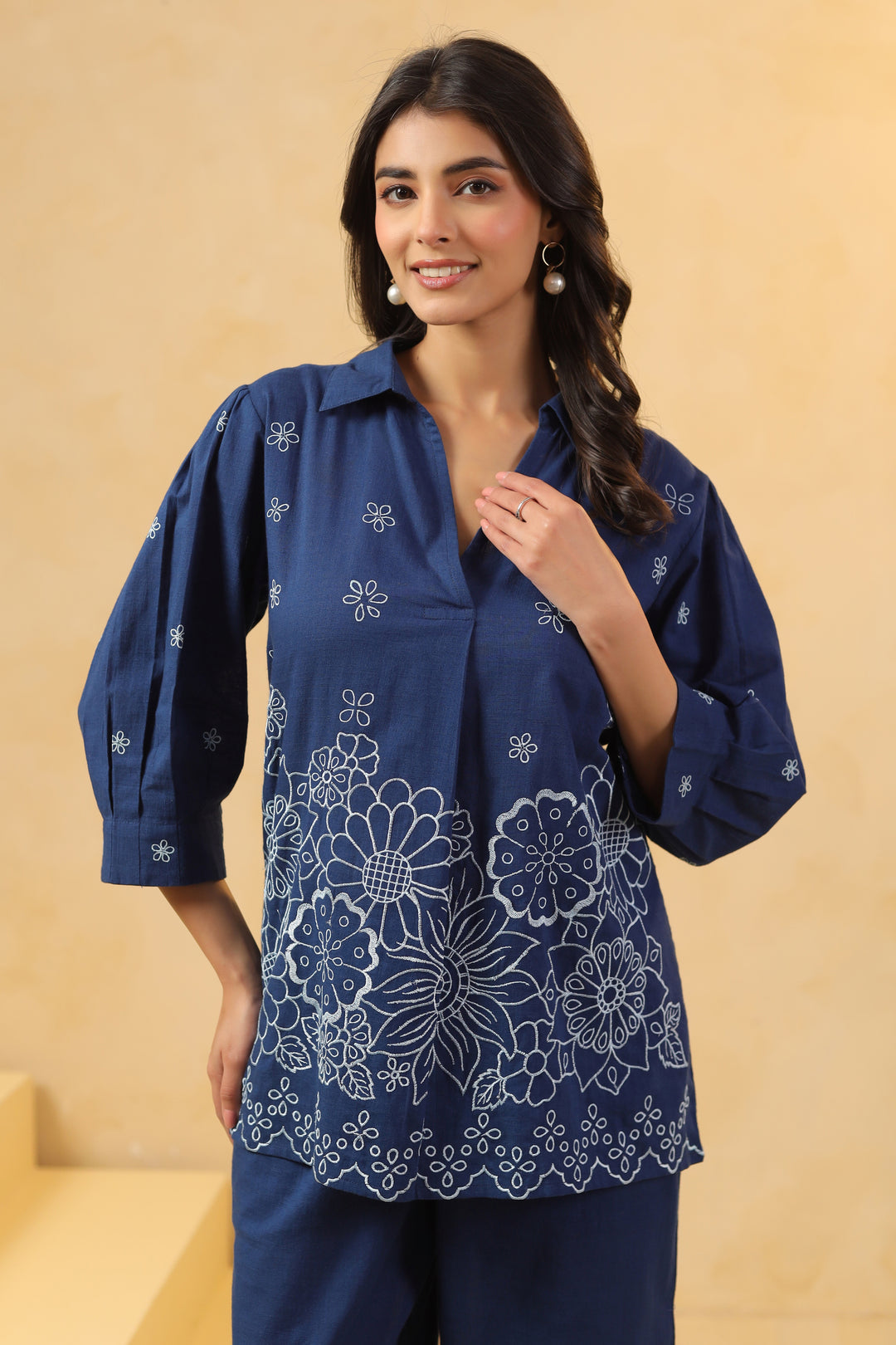 Blue Cotton Embroidery Designer Co Ords Set