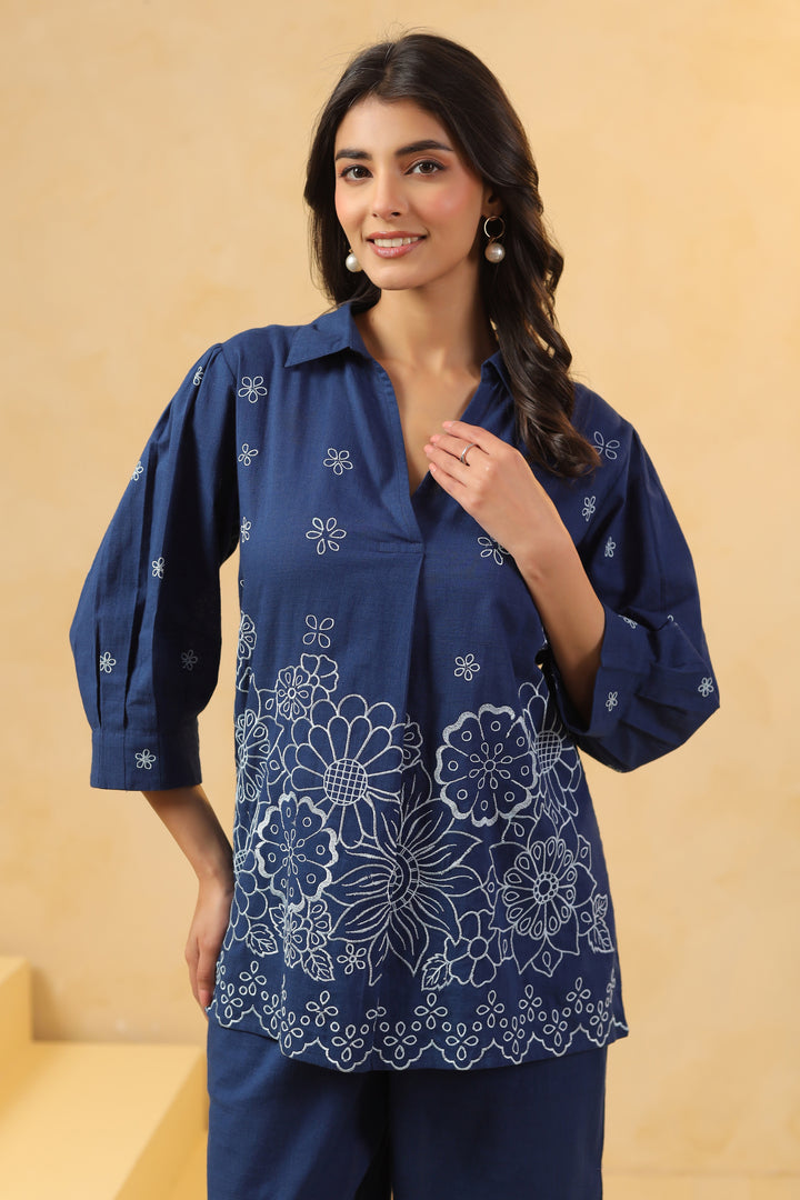 Blue Cotton Embroidery Designer Co Ords Set