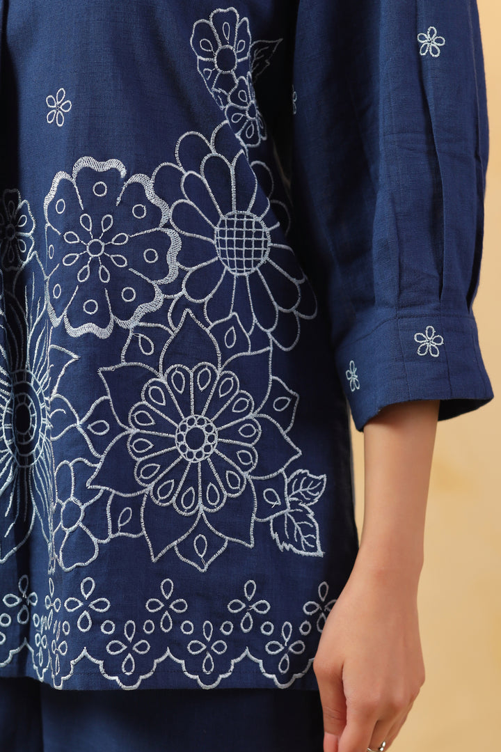 Blue Cotton Embroidery Designer Co Ords Set
