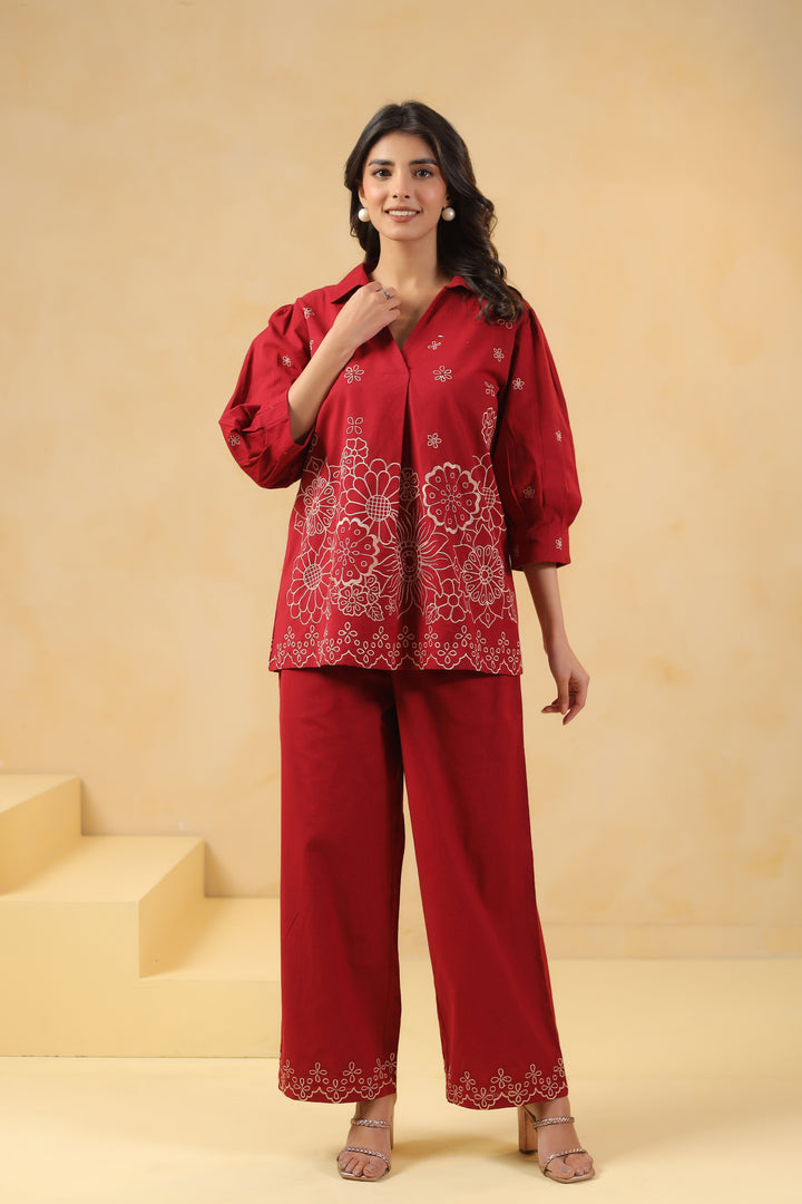 Red Cotton Embroidery Designer Co Ords Set