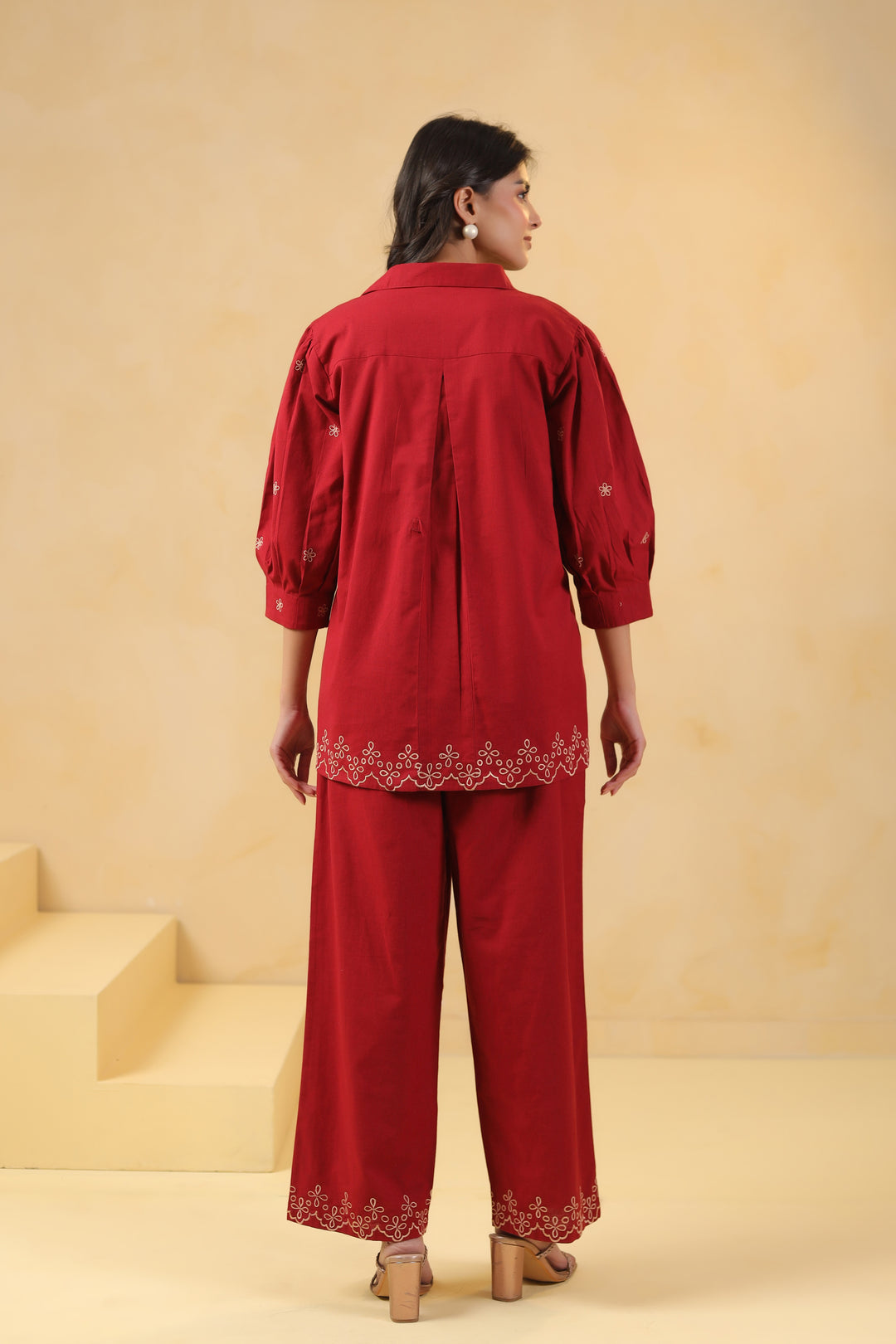 Red Cotton Embroidery Designer Co Ords Set