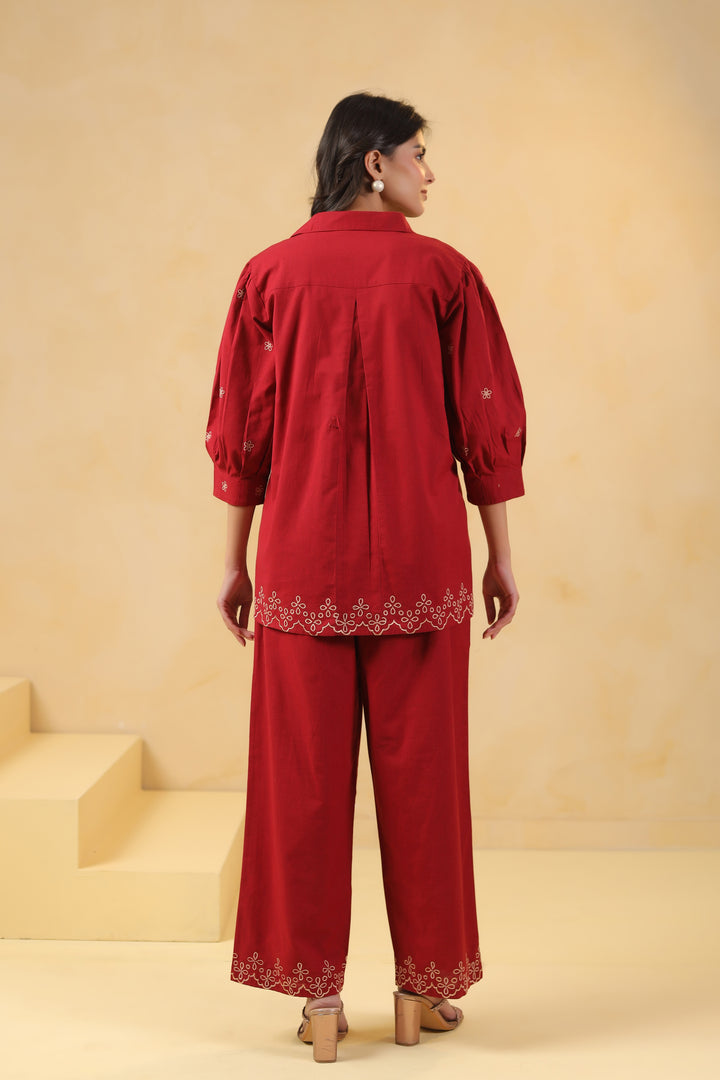 Red Cotton Embroidery Designer Co Ords Set