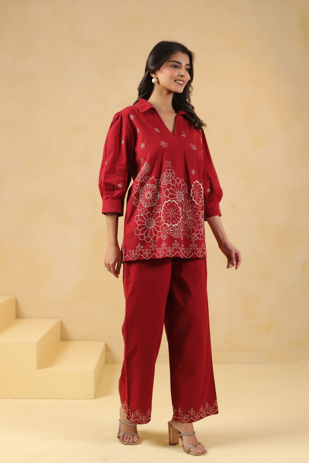 Red Cotton Embroidery Designer Co Ords Set