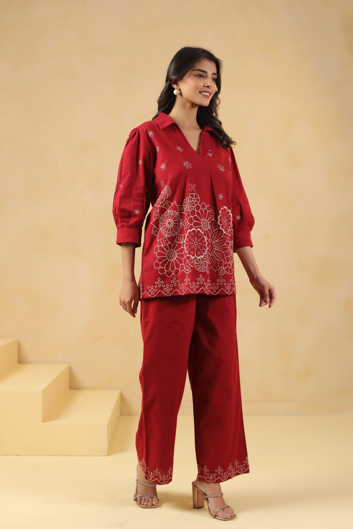 Red Cotton Embroidery Designer Co Ords Set