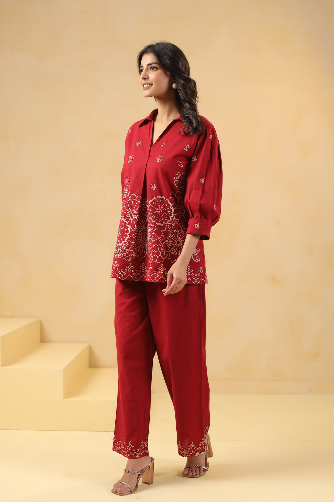 Red Cotton Embroidery Designer Co Ords Set