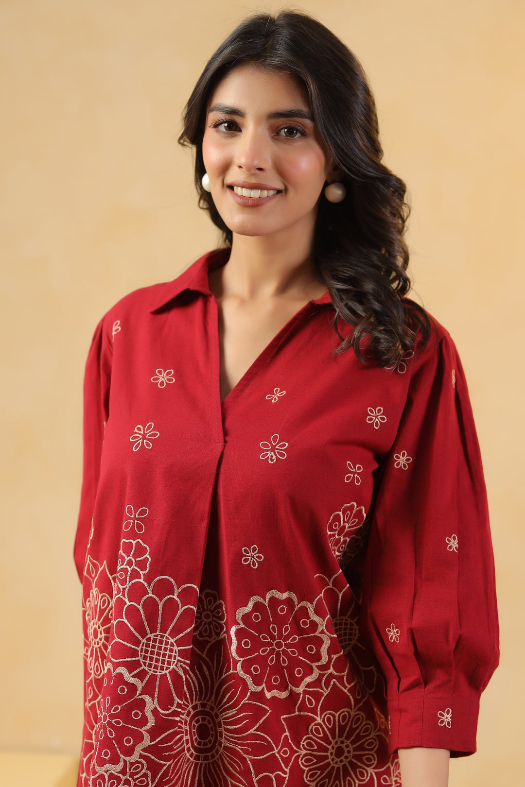 Red Cotton Embroidery Designer Co Ords Set
