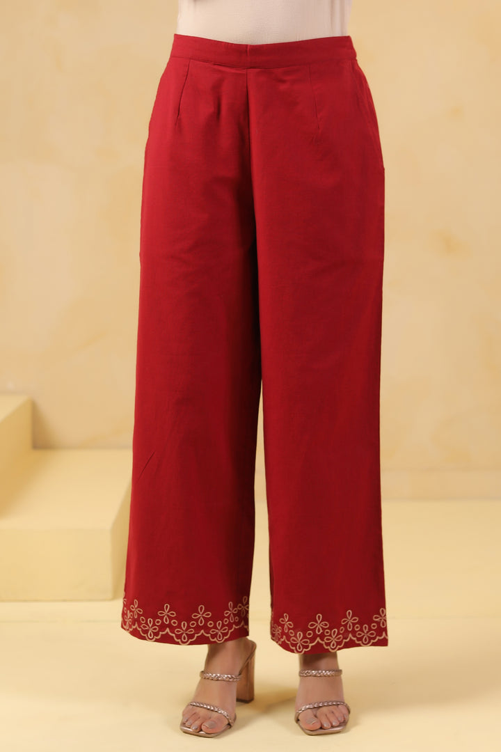 Red Cotton Embroidery Designer Co Ords Set