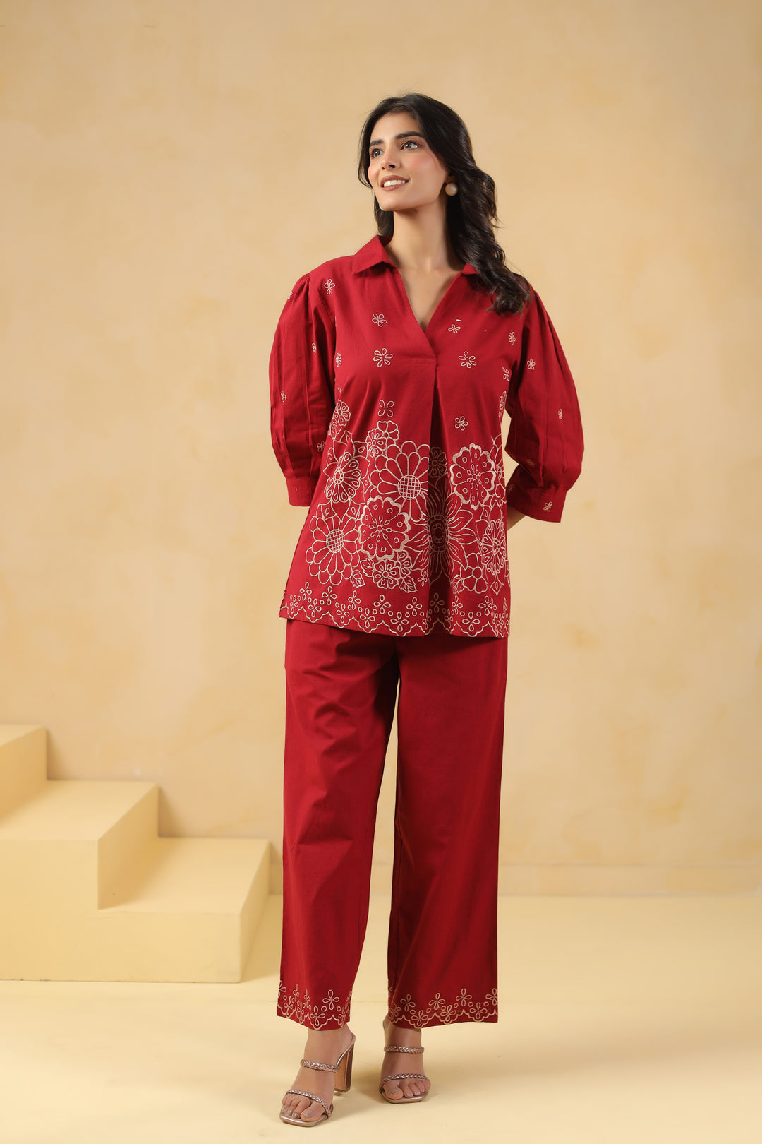 Red Cotton Embroidery Designer Co Ords Set