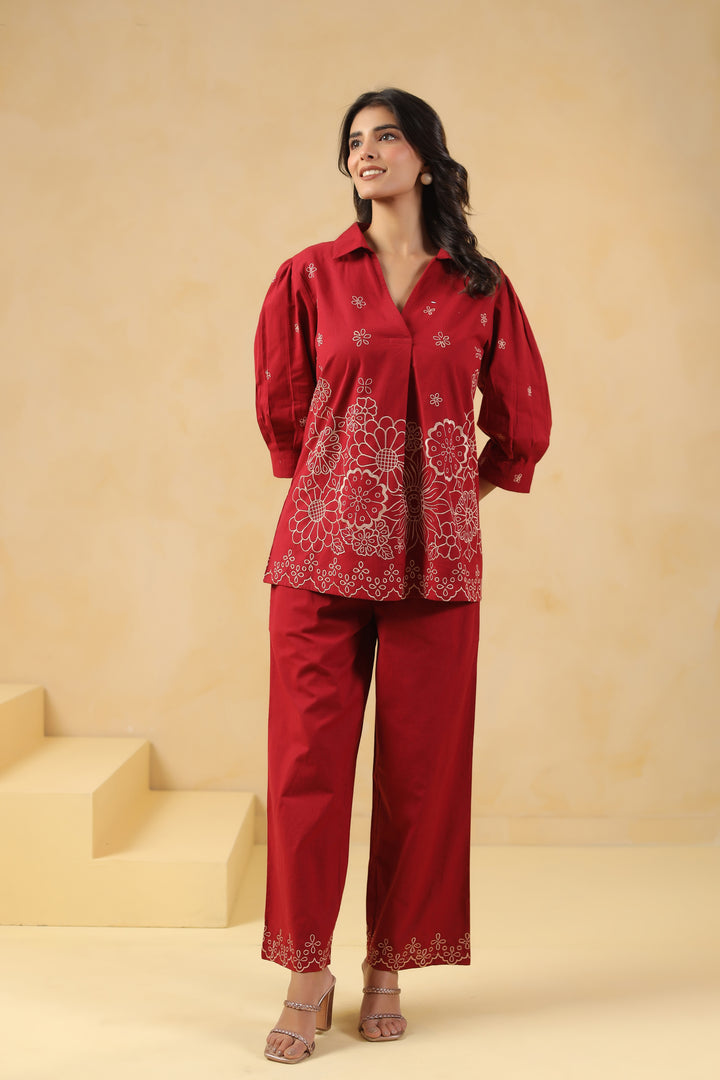 Red Cotton Embroidery Designer Co Ords Set