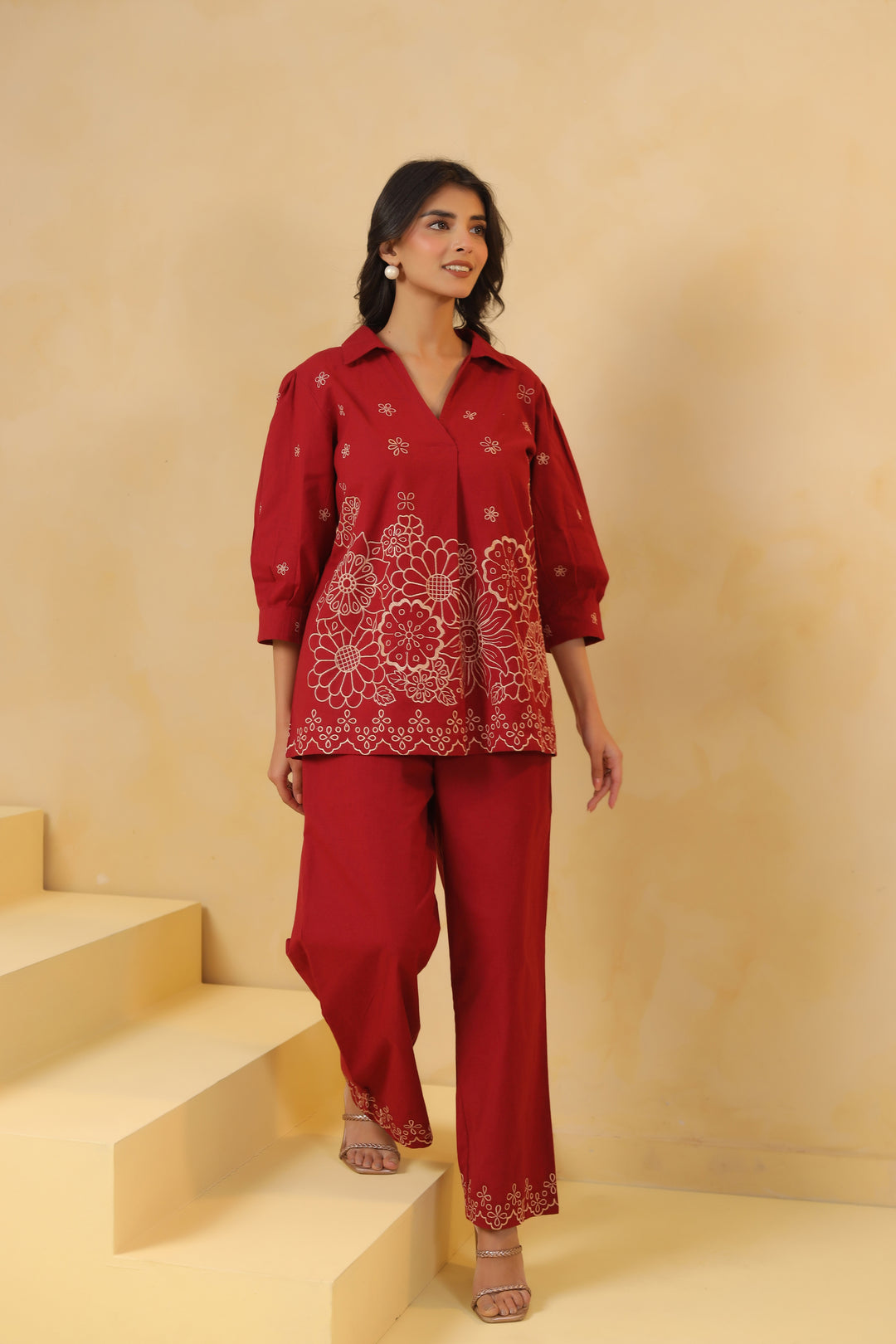 Red Cotton Embroidery Designer Co Ords Set