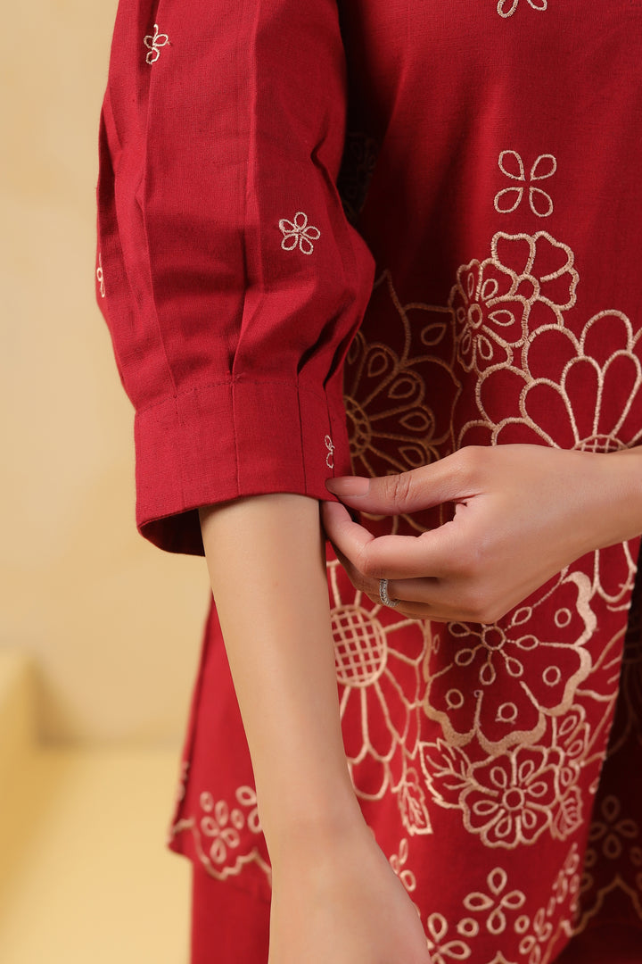 Red Cotton Embroidery Designer Co Ords Set