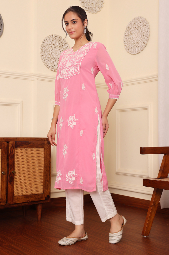 Pink Georgette Embroidered Detailed Straight Kurta