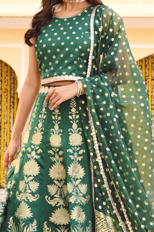 Green Printed Embellished Festive Lehenga Choli With Dupatta