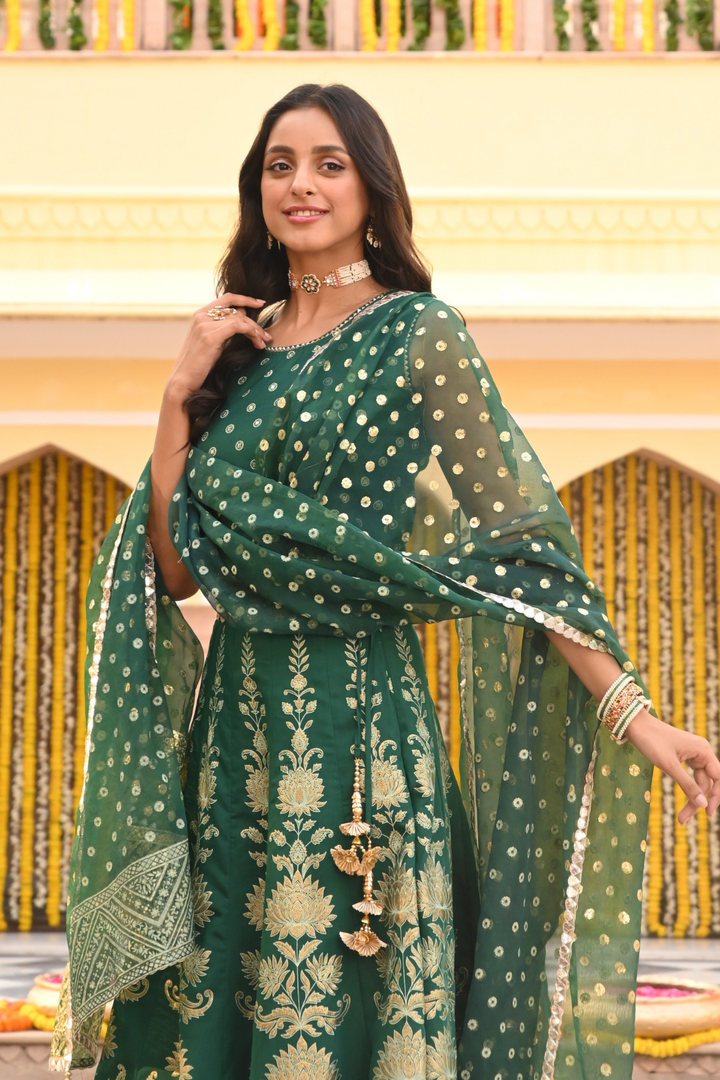 Green Printed Embellished Festive Lehenga Choli With Dupatta