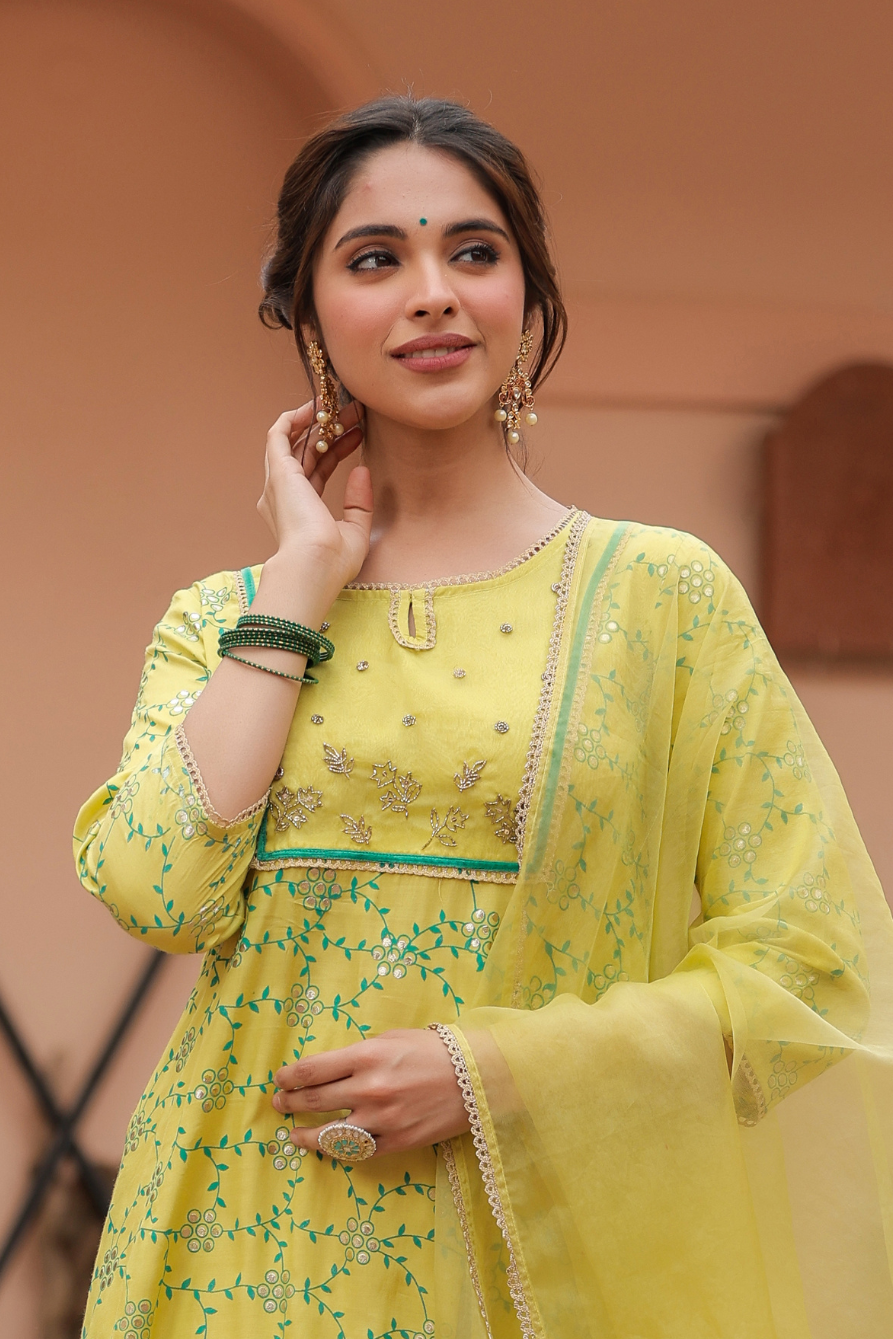 Yellow Printed Embellished Kurta Set With Dupatta