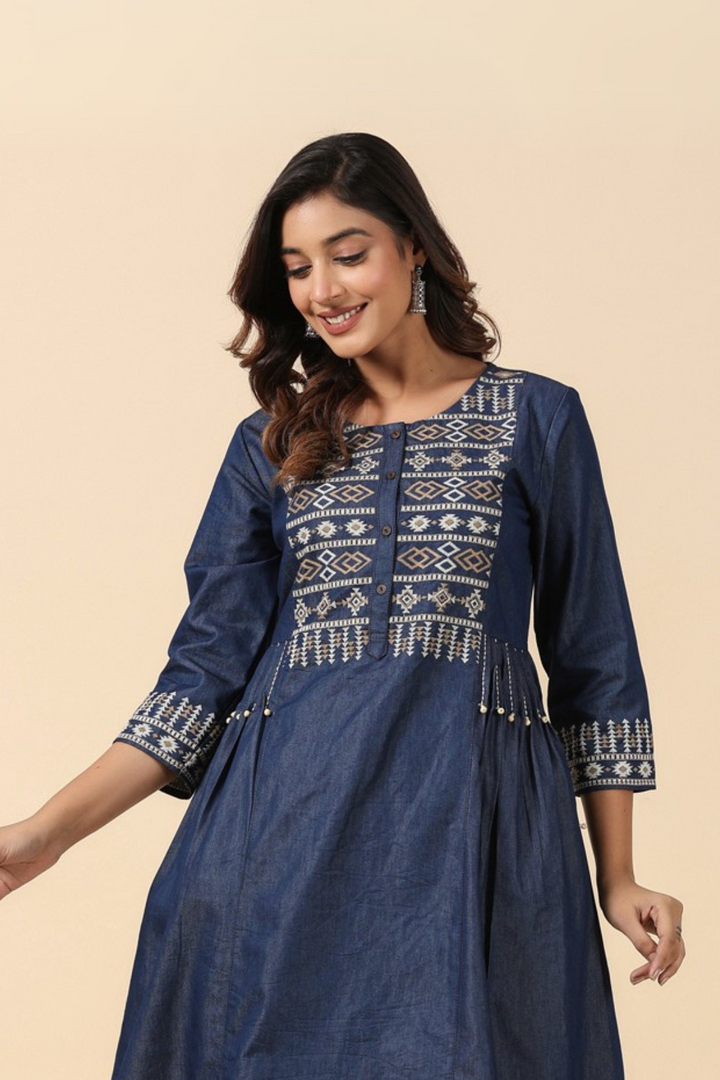 Denim Blue A Line Embroidered Kurta Pant Set