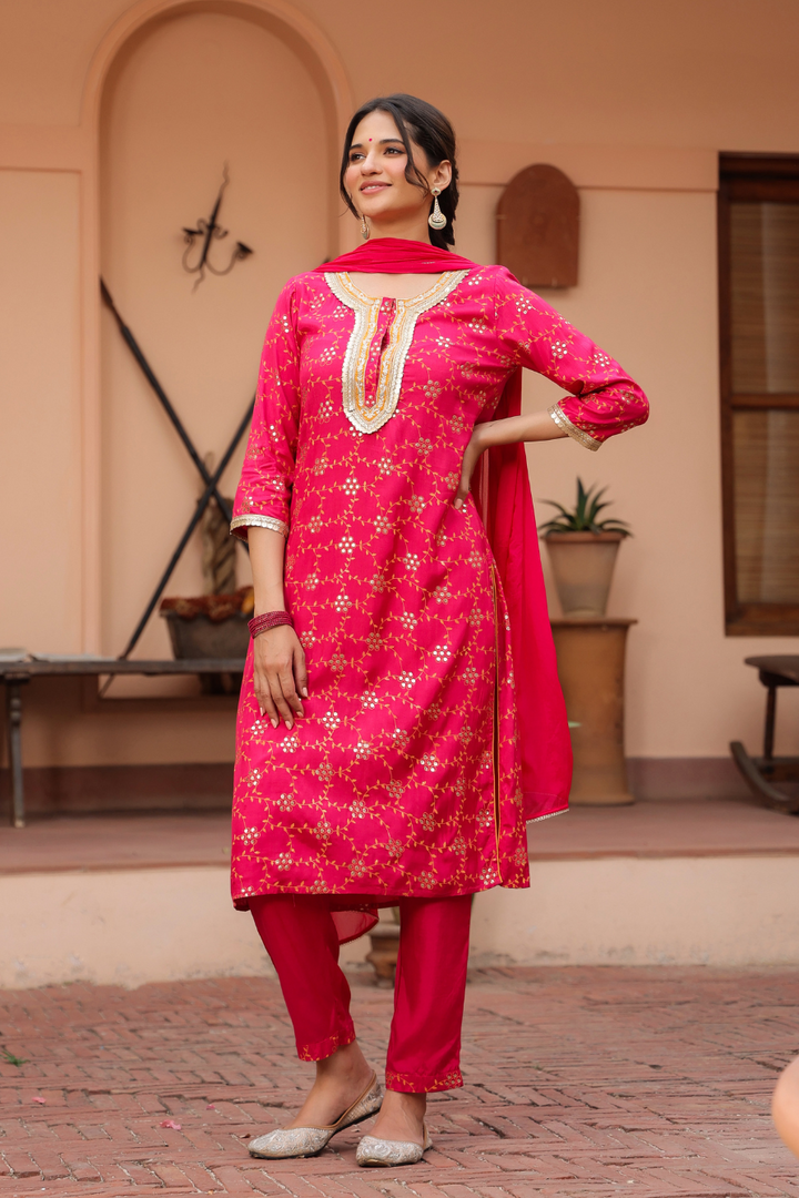 Red Printed and Embellished Kurta Set With Dupatta