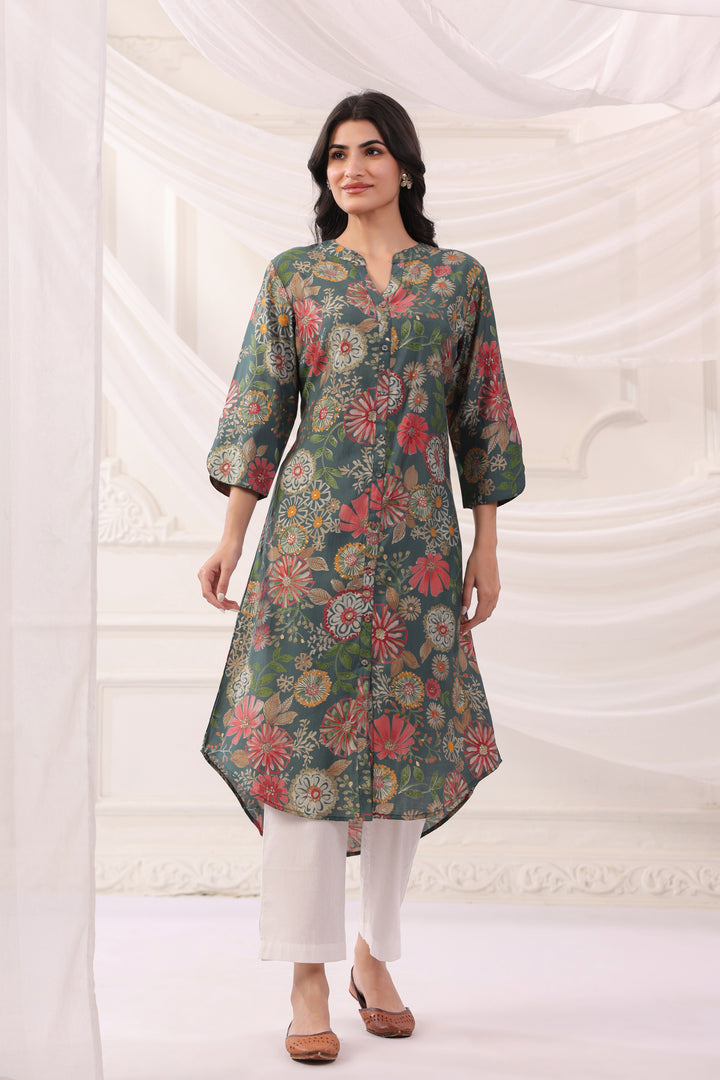 Green Poly Silk Floral Printed A-Line Kurta