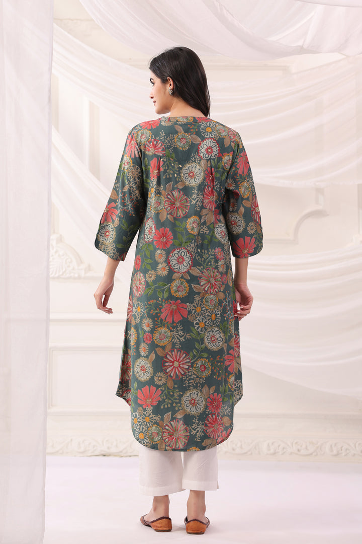 Green Poly Silk Floral Printed A-Line Kurta