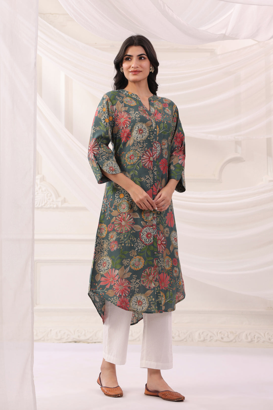 Green Poly Silk Floral Printed A-Line Kurta