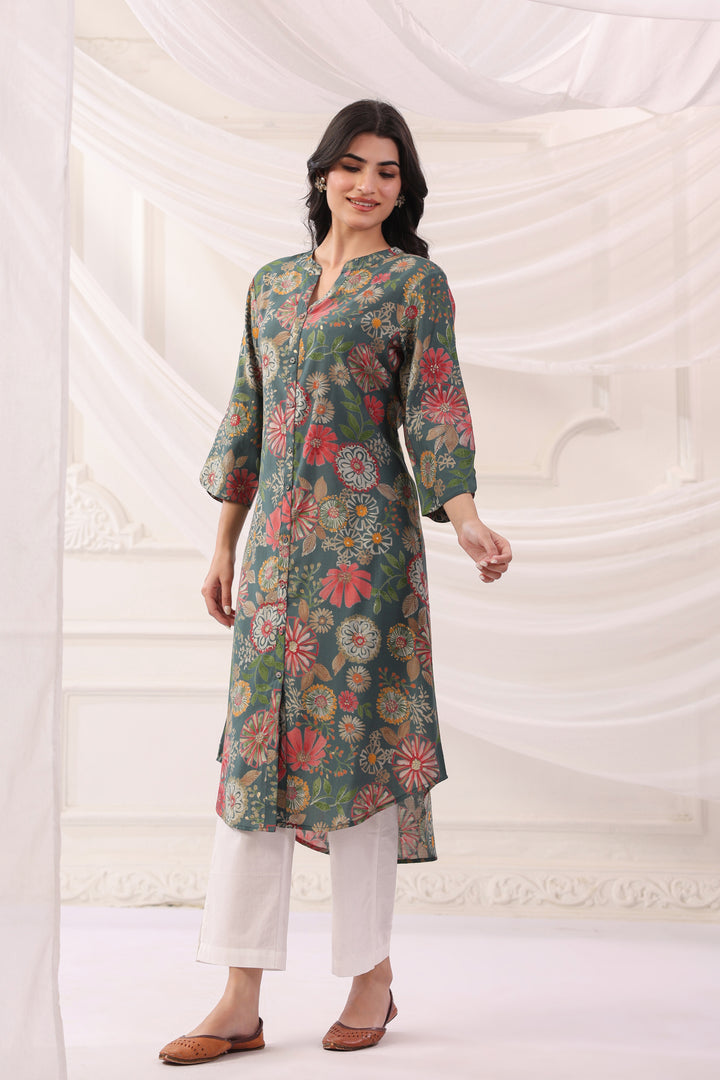 Green Poly Silk Floral Printed A-Line Kurta