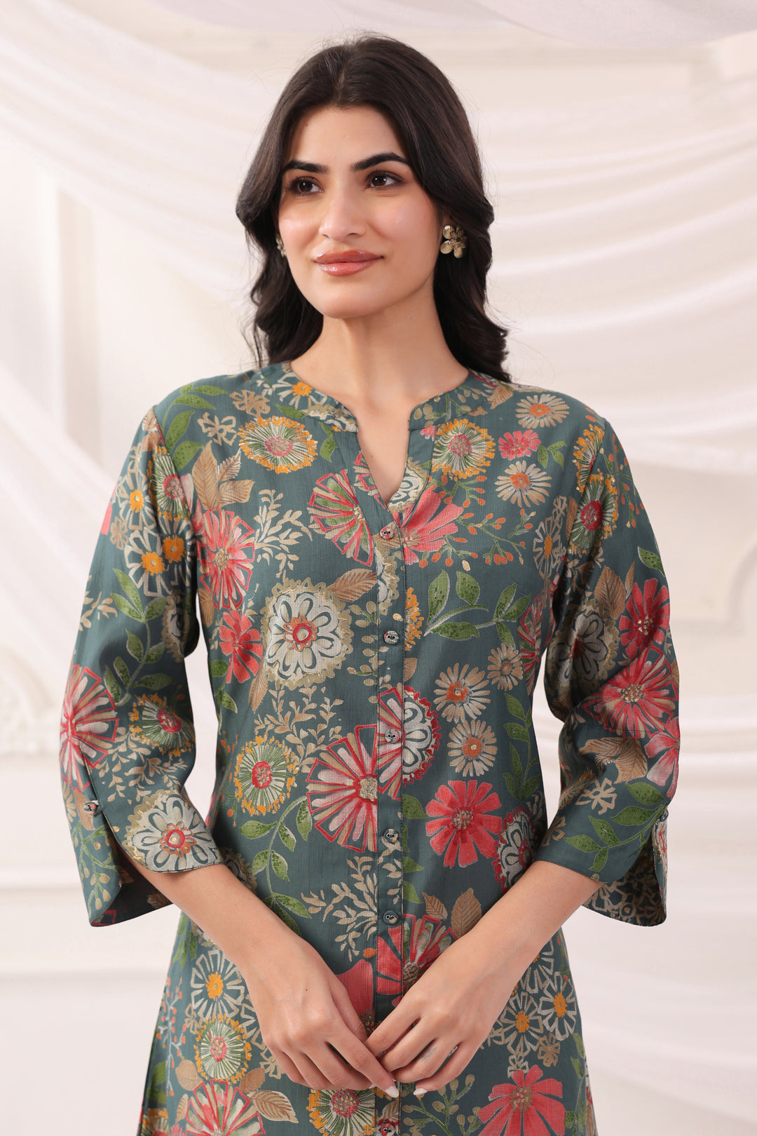 Green Poly Silk Floral Printed A-Line Kurta